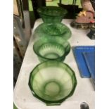 FIVE GREEN CLOUD GLASS BOWLS PLUS A FLOWER ARRANGING DOME