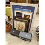 AN ASSORTMENT OF FRAMED PRINTS AND TWO TRAVEL CASES