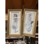 TWO FRAMED VINTAGE CERMIC PLAQUES WITH TRANSFER PRINTED LADIES 11CM X 21CM