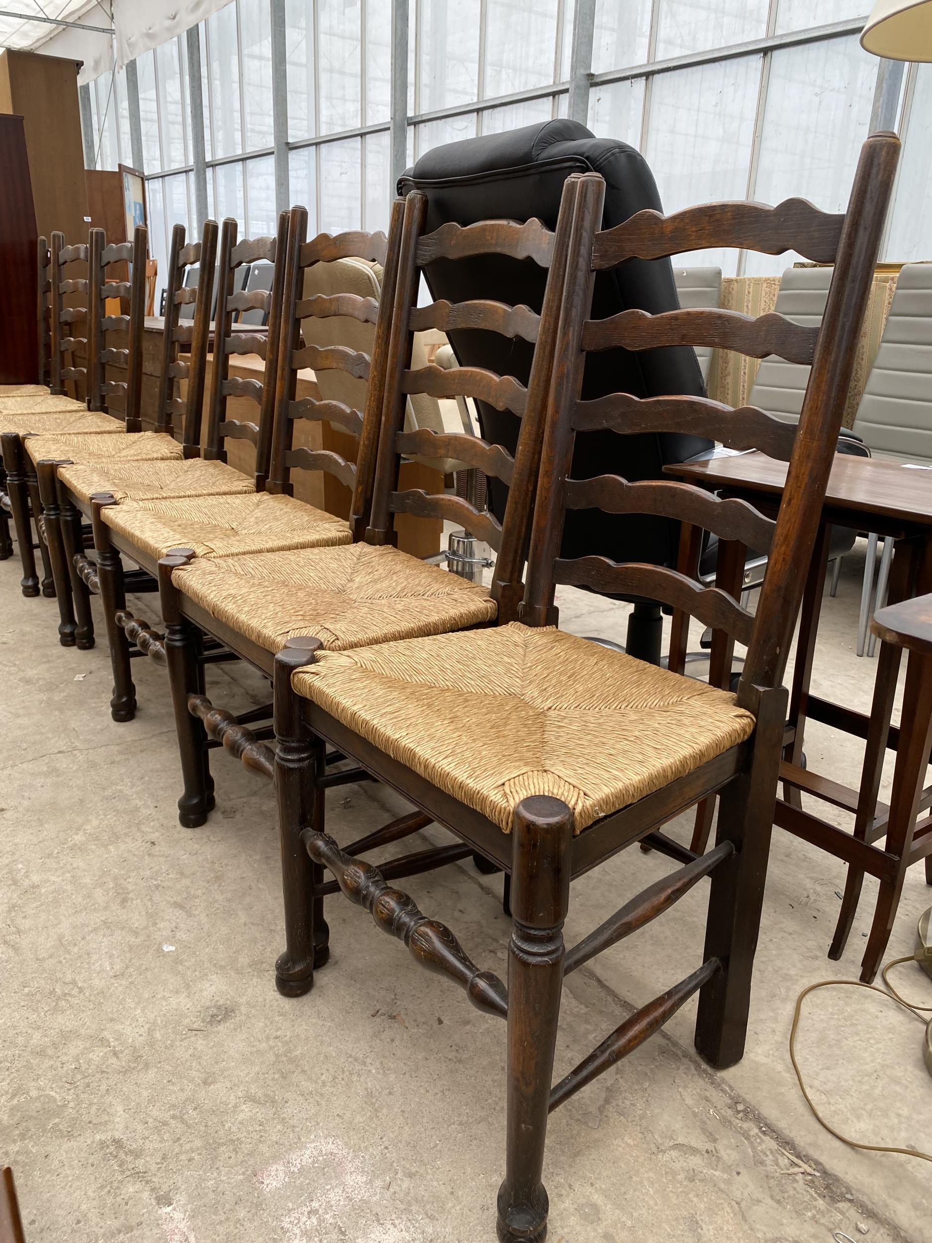 A SET OF EIGHT LANCASHIRE STYLE LADDER BACK DINING CHAIRS WITH RUSH SEATS - Image 2 of 5