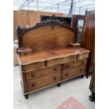 A VICTORIAN MAHOGANY SIDEBOARD WITH RAISED BACK, THREE FRIEZE DRAWERS AND FOUR LONG DRAWERS TO BASE,