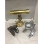 A VINTAGE POKER CANON, JUICER AND BRASS BANKERS LAMP