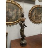 ART NOUVEAU BRONZED OIL LAMP BY AUGUSTE MOREAU APPROX 95CM HIGH