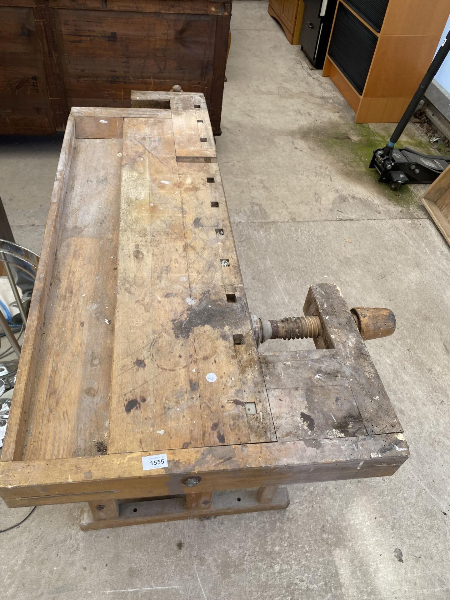 A VINTAGE WOODEN WORK BENCH WITH VICE AND FIVE DRAWERS, BEARING THE STAMP 'RJHBERGS' (SOME WOODWORM) - Image 6 of 6