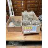 2 BOXES OF GLASS LAMP SHADES + VASES