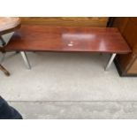 A RETRO HARDWOOD COFFEE TABLE ON SQUARE POLISHED CHROME LEGS, 47X17"