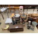 AN ASSORTMENT OF ITEMS TO INCLUDE A MUSICAL STEIN, A TREEN MONEY BOX, AND A MICROSCOPE ETC