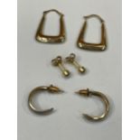 THREE PAIRS OF EARRINMGS TO INCLUDE 9 CARAT GOLD HOOPS ETC