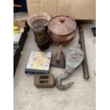 AN ASSORTMENT OF VINTAGE ITEMS TO INCLUDE AN 'ANSELL WALSALL' PULLEY HOOK, A FLAT IRON AND A CAST