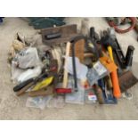 A LARGE ASSORTMENT OF TOOLS AND HARDWARE TO INCLUDE SET SQUARES, TROWELS, MALLETS AND RASPS ETC