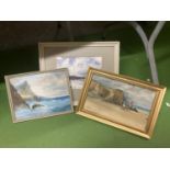TWO FRAMED WATERCOLOURS AND AN OIL OF SEASCAPE SCENES