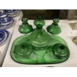 A QUANTITY OF GREEN CLOUD GLASS TO INCLUDE A TRAY, CANDLESTICKS AND DRESSING TABLE LIDDED POTS