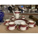 A VINTAGE BURLEIGHWARE COFFEE SET IN CRIMSON AND WHITE WITH GILD DECORATION TO INCLUDE A COFFEE POT,