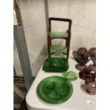 A QUANTITY OF GREEN CLOUD GLASS TO INCLUDE A RETRO STYLE CAKE STAND, PLATES, SMALL BOWLS, ETC
