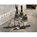 3 X BRONZE SCHOOL BELLS + 4 HOE HEADS (2 BY ELWELL)