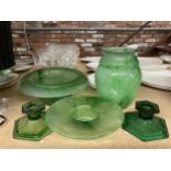 FIVE PIECES OF GREEN CLOUD GLASSWARE TO INCLUDE CANDLESTICKS, A BOWL AND A VASE