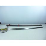 A 19TH CENTURY TROOPERS SWORD AND SCABBARD 87CM BLADE PIERCED GUARD WITH BRASS GRIP
