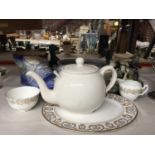 A MIXED LOOT TO INCLUDE A LARGE TEAPOT, BOOT PLANTER, ADDERLEY CREAM JUG AND SUGAR BOWL, SPODE