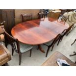 A REGENCY STYLE FLAME MAHOGANY TWIN PEDESTAL DINING TABLE 71" X 41.5" (LEAF 23.5" ) AND SIX CHAIRS