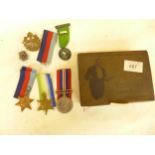 WORLD WAR II MEDALS, 1939-45 STAR, ATLANTIC STAR, 1939-45 MEDAL, MERCHANT NAVY BADGE AND RAF BADGE