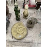 FOUR RECONSTITUTED STONE GARDEN ITEMS TO INCLUDE A PELICAN A GARGOYLE ETC