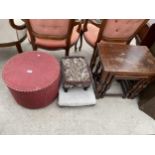 A POUFFE, STOOL, GOUT STOOL AND NEST OF THREE TABLE