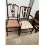 AN EDWARDIAN MAHOGANY AND INLAID ELBOW CHAIR AND A VERY SIMILAR BEDROOM CHAIR