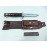 A JAPANSES JET PILOT MARKED BOWIE KNIFE AND LEATHER SCABBARD 11.5CM SAWBACK BLADE