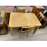 A MODERN OAK EXTENDING DINING TABLE, 49.5X35.5" (LEAF 16") AND FOUR MATCHING CHAIRS