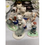 ACOLLECTION OF SMALL STAFFORDSHIRE FIGURES TO INCLUDE CATS AND DOGS, PLUS THREE GUINNESS FIGURES