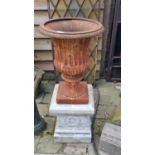 PAIR OF GOOD VICTORIAN CAST IRON URNS ON PAINTED BUFF TERRACOTTA PEDISTALS PEDISTALS - APPROX