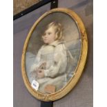 CHARMING EDWARIDAN GILT FRAMED PASTEL PORTRAIT - CHILD WITH TOY HORSE SIGNED AND DATED APPROX 68CM X