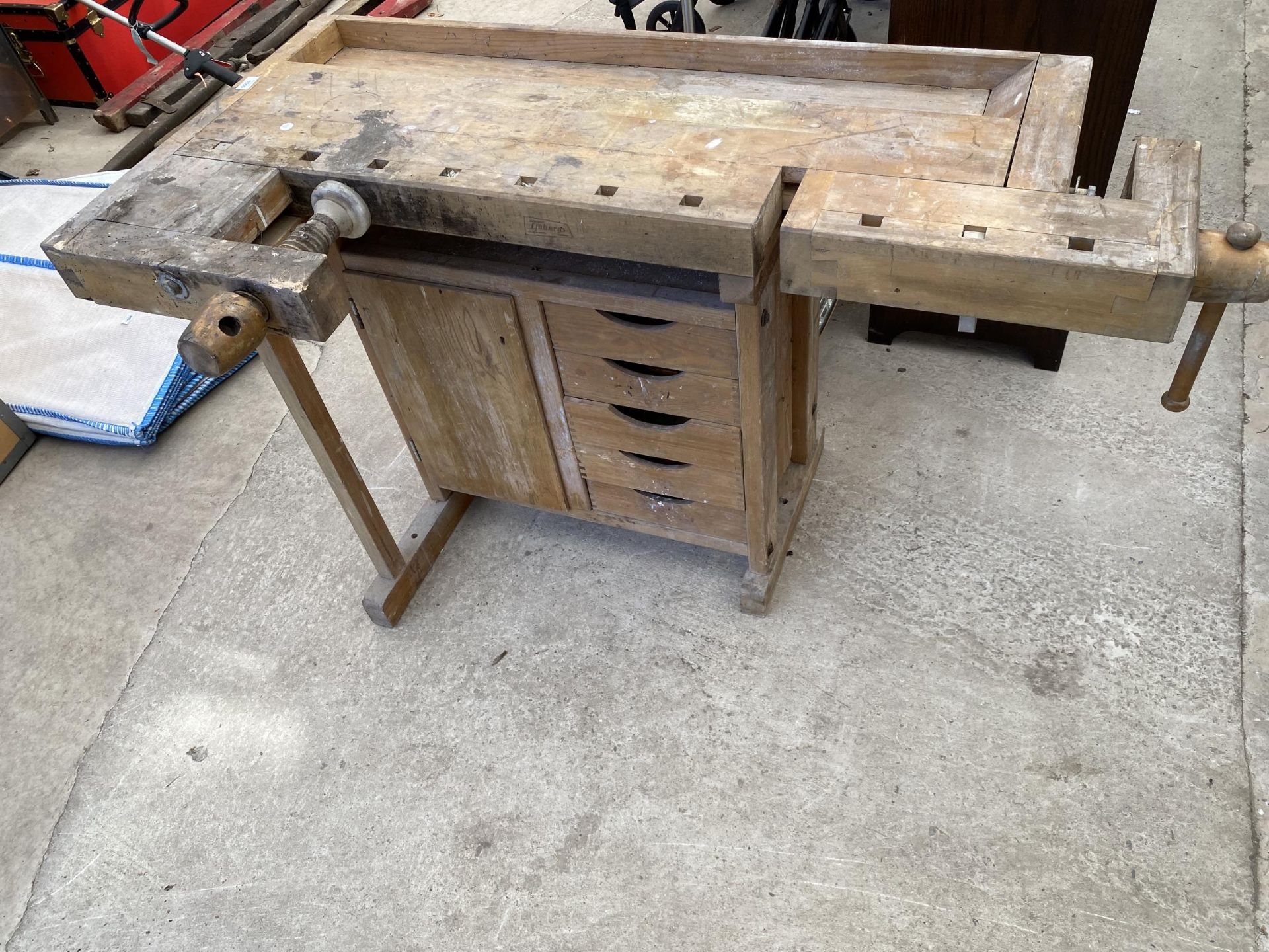 A VINTAGE WOODEN WORK BENCH WITH VICE AND FIVE DRAWERS, BEARING THE STAMP 'RJHBERGS' (SOME WOODWORM) - Image 2 of 6