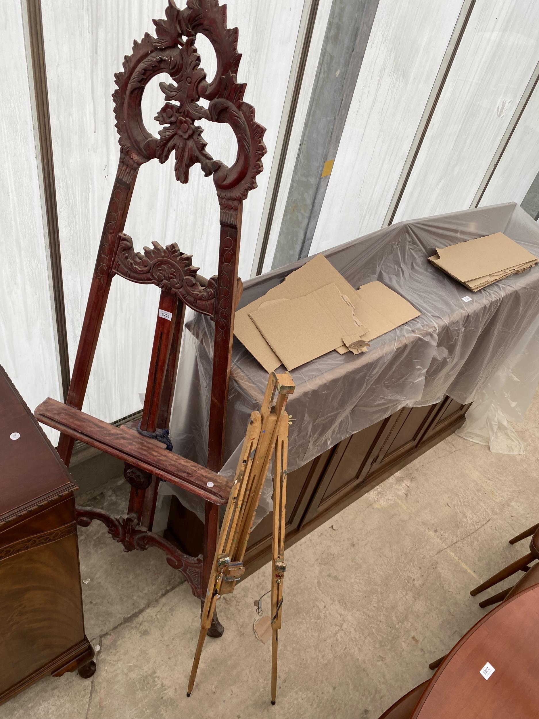 A VICTORIAN STYLE EASEL AND A SMALL MODERN EASEL