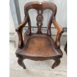 A VICTORIAN MAHOGANY CHILD'S ELBOW CHAIR WITH FRONT CABRIOLE LEGS