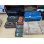 AN ASSORTMENT OF CASH TINS AND A DEED TIN ETC