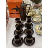 A PORTMEIRION COFFEE SET IN A RICH BROWN COLOUR 'GREEK KEY' DESIGN TO INCLUDE COFFEE POT, CREAM JUG,