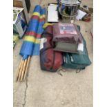 AN ASSORTMENT OF CAMPING EQUIPMENT TO INCLUDE TENTS, A GAZEBO AND A WIND BREAK ETC