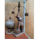 TWO VINTAGE TREEN ITEMS TO INCLUDE A LIDDED BOWL WITH ELEPHANT DECORATION AND A TREEN ELEPHANT