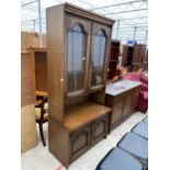 A MODERN TWO DOOR GLAZED AND LEADED DISPLAY CABINET WITH TWO CUPBOARDS TO THE BASE, 36" WIDE