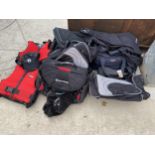 AN ASSORTMENT OF ITEMS TO INCLUDE HOLDALLS AND LIFE JACKETS ETC