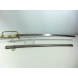 A JAPANESE CAVALRY OFFICERS SWORD AND SCABBARD, 64CM BLADE, PIERCED BRASS GUARD