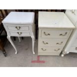 A CREAM AND GILT BEDROOM CHEST AND BEDSIDE TABLE