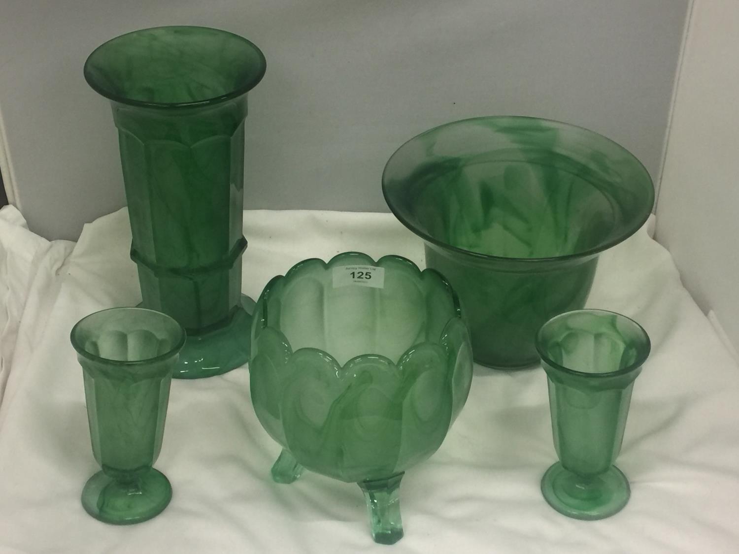 FIVE PIECES OF EMERALD GREEN CLOUD GLASS TO INCLUDE PLANTERS AND VASES