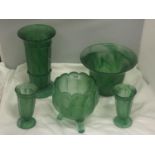 FIVE PIECES OF EMERALD GREEN CLOUD GLASS TO INCLUDE PLANTERS AND VASES