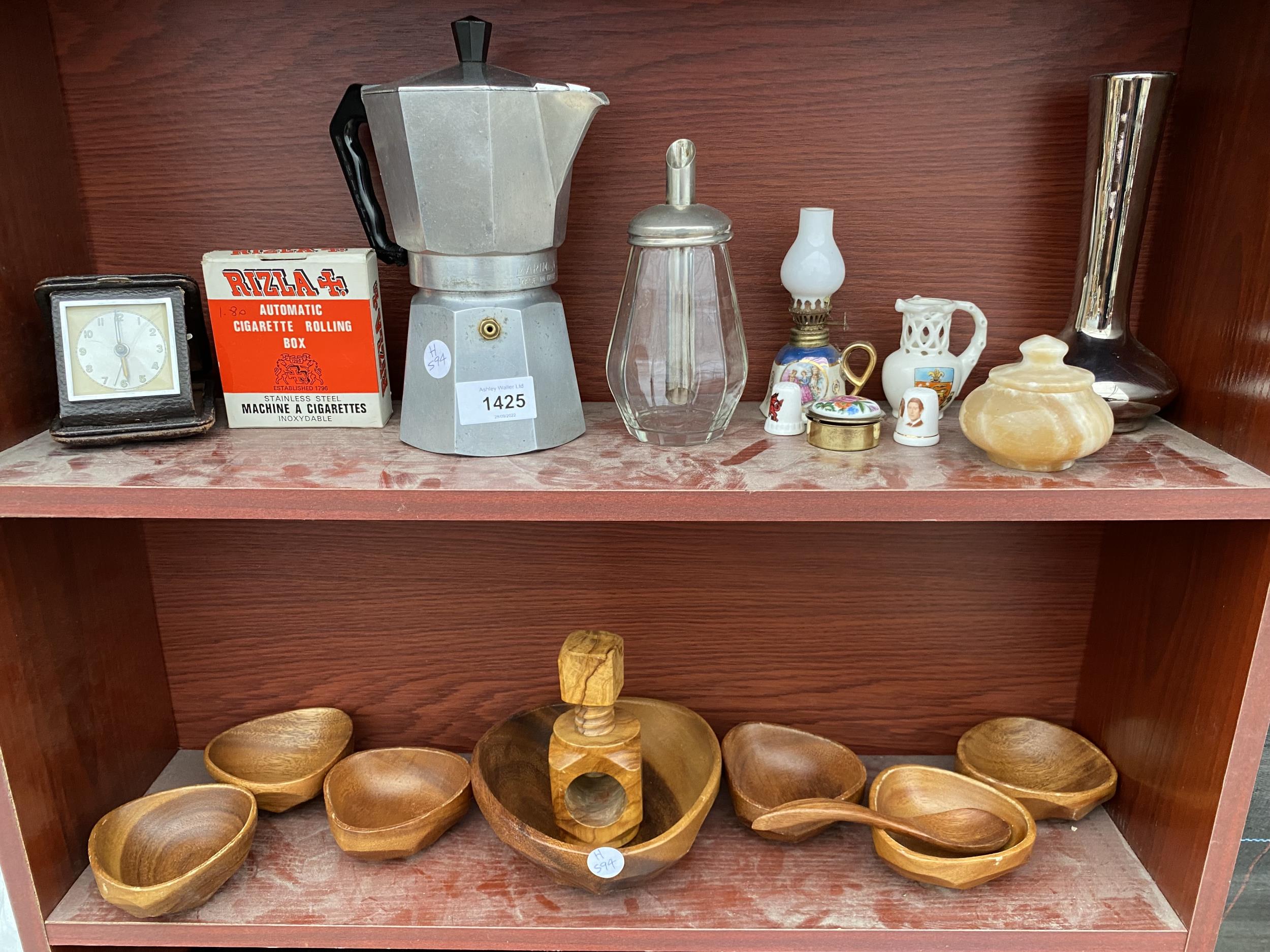 AN ASSORTMENT OF ITEMS TO INCLUDE TREEN BOWLS, A VASE AND AN ONTX TRINKET BOX ETC