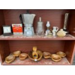 AN ASSORTMENT OF ITEMS TO INCLUDE TREEN BOWLS, A VASE AND AN ONTX TRINKET BOX ETC