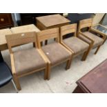 A SET OF FOUR RETRO OAK DINING CHAIRS WITH CURVED BACKS ONE BEING A CARVER