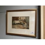 VICTORIAN FRAMED WATER COLOUR UN SIGNED - INTERIOR SCENE APPROX 44CM X 38CM