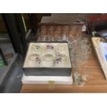 A QUANTITY OF GLASSWARE SOME BOXED TO INCLUDE, SHERRY GLASSES, TUMLERS, ETC